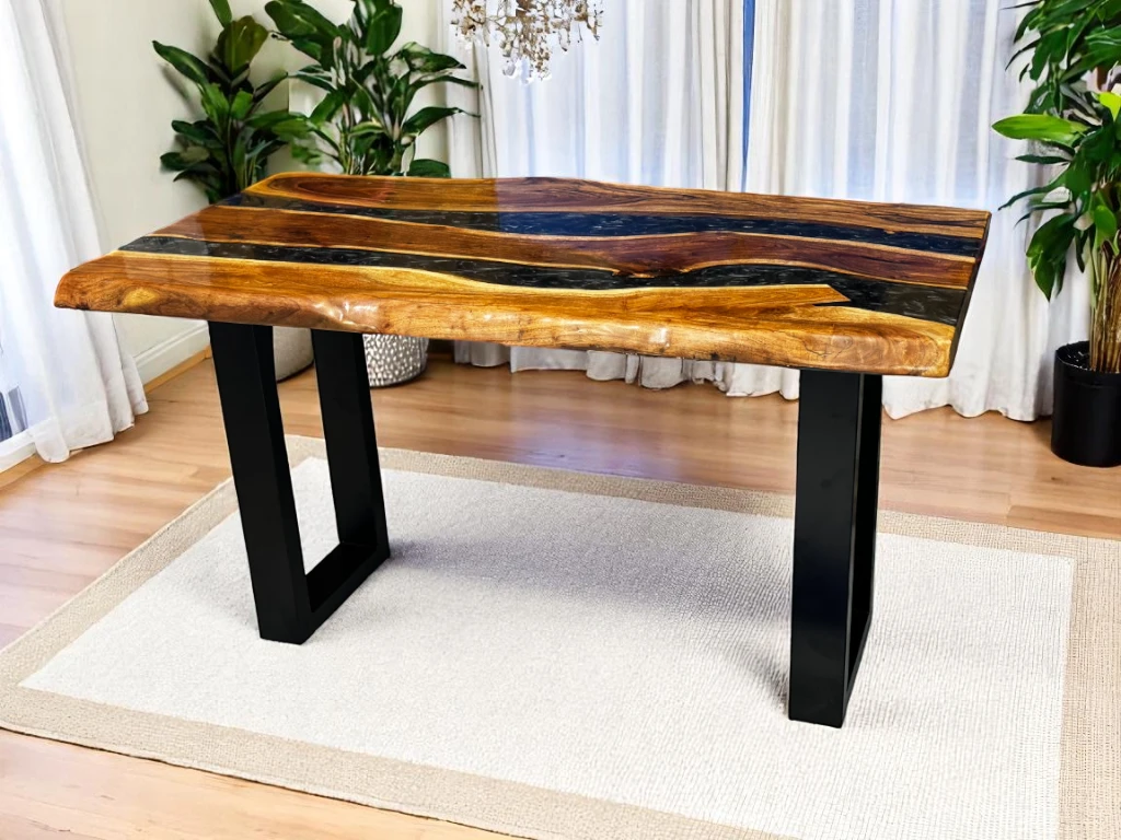 Live Edge Epoxy Dining Table Black with Metal Legs